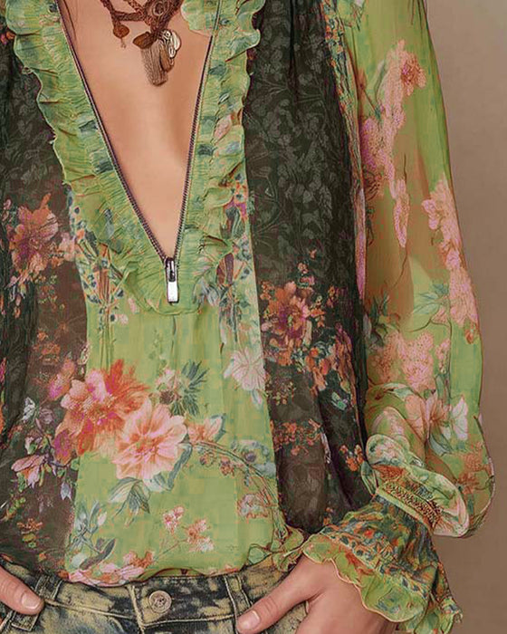 Halvbläster Blomstertryck Blus