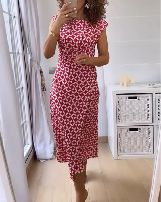 Geometriskt tryck ärmlös, rund halsad elegant klänning