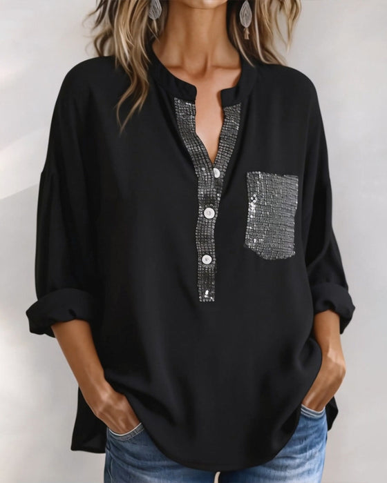 Casual Topp Paljett Patchwork Lös