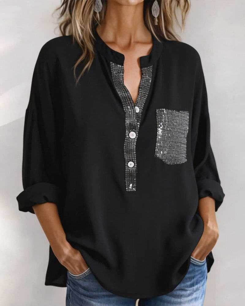 Casual Topp Paljett Patchwork Lös