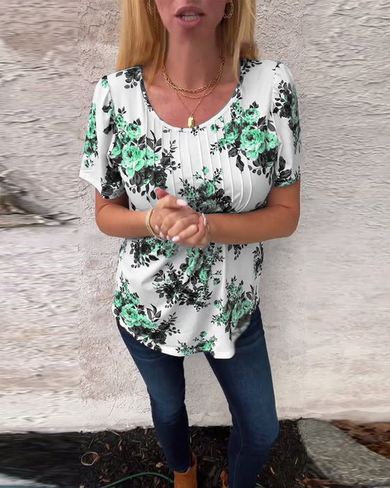 T-Shirt Med Rund Hals Blommönster Plisserad