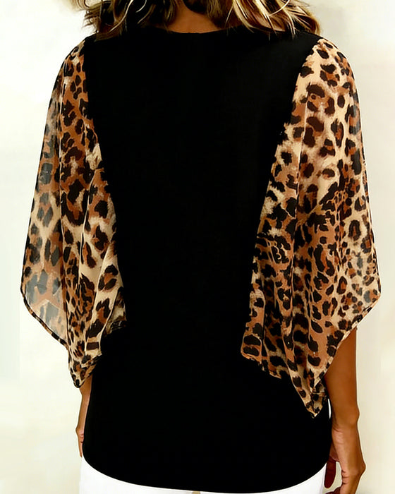 Blus Fladdermusärm Leopardtryck Lappverk