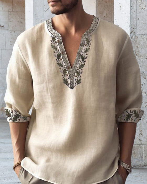 Avslappnad v-ringad tröja för män med paneltryck