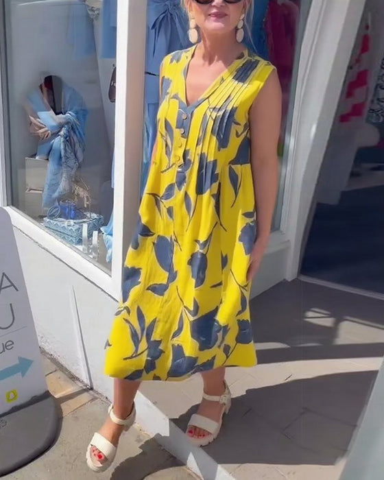 Klänning V-ringad ärmlös tryckt