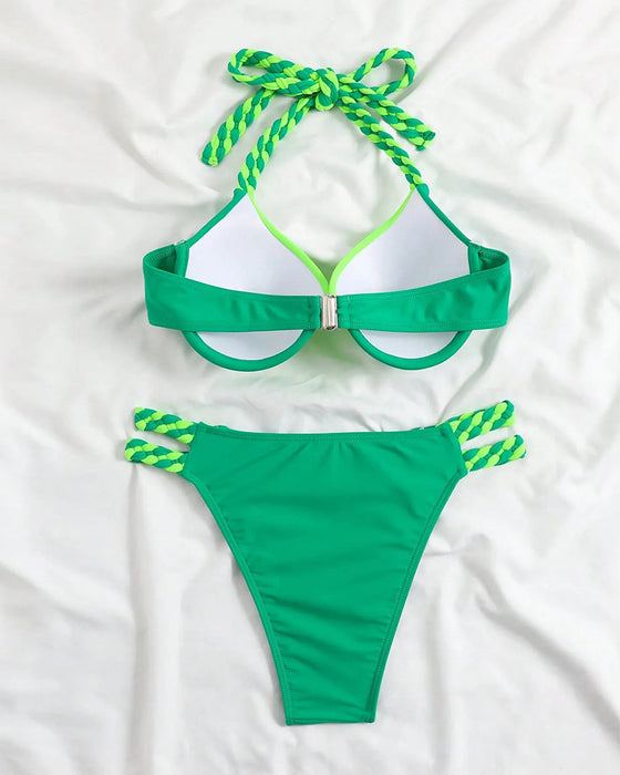 Colorblock halterneck bikini set