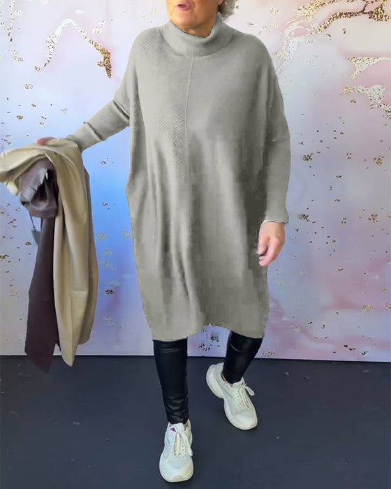 Casual enfärgad långärmad tröja med hög krage