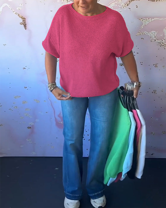 Casual lös enfärgad tröja med rund hals