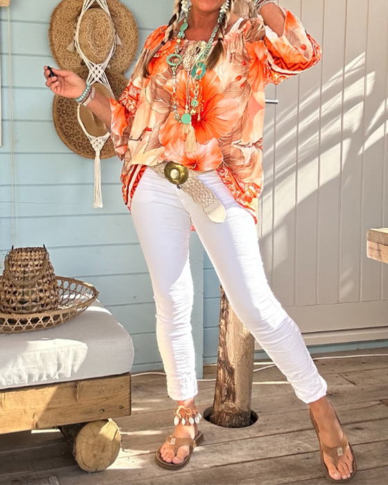 Blus Off-Shoulder Resorttryck