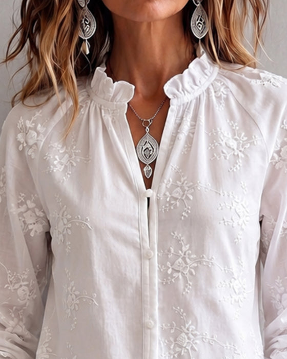 Blus Ruffle Kant Mandarin Krage
