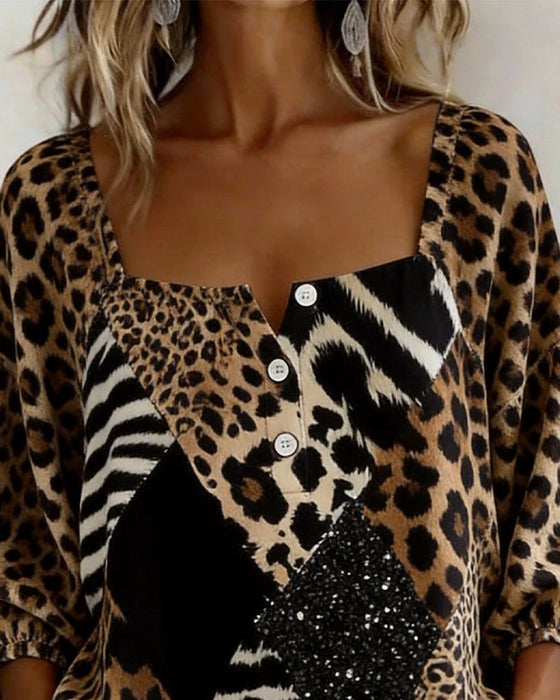 Blus Fyrkantig Hals Leopardtryck Lapptäcke Paljett