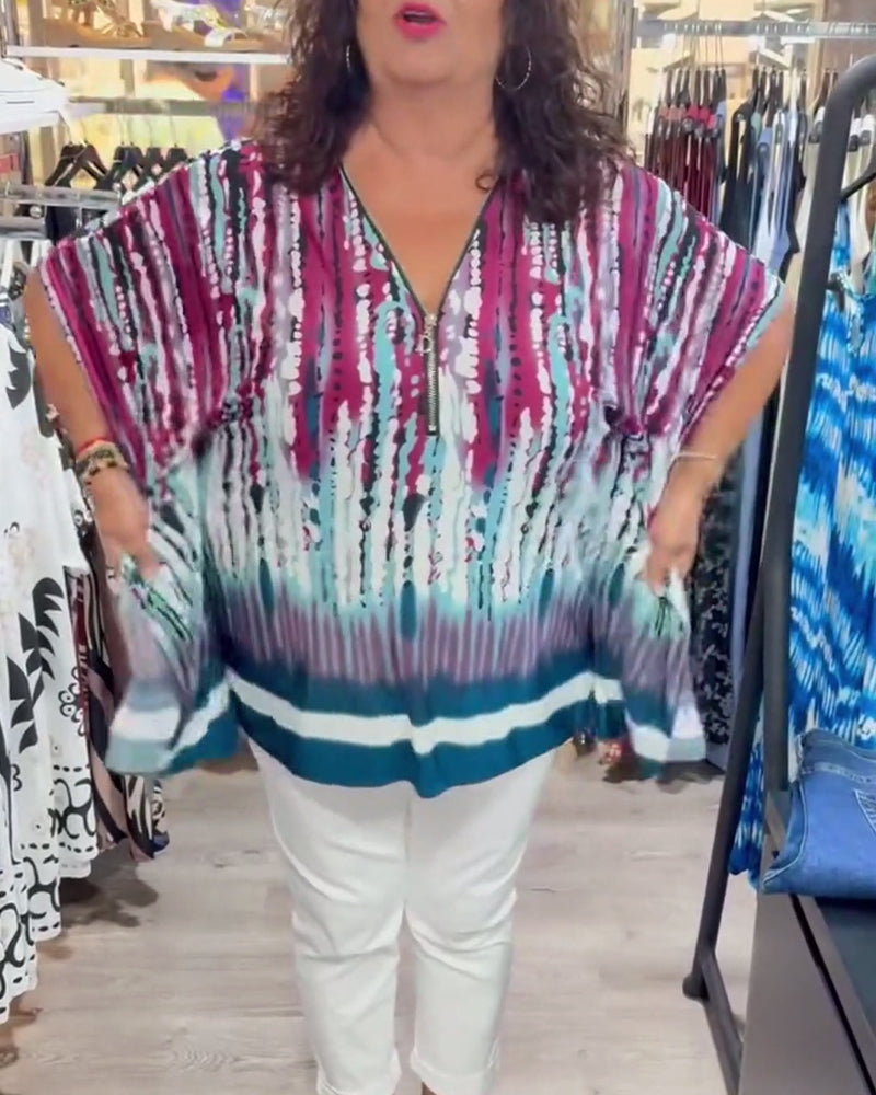 Topp Tie-Dye V-Ringad Dragkedja Fram Fladdermusärm