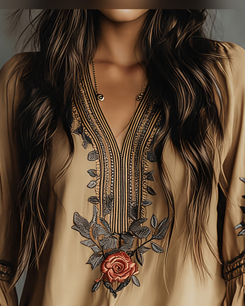 Blus Rosetryck V-Hals Bohemisk