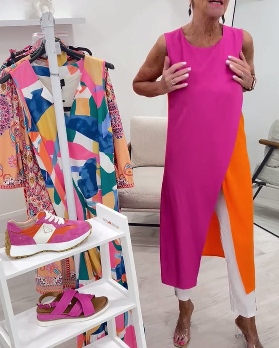 Blus Ärmlös Kontrastfärg Slits Lång