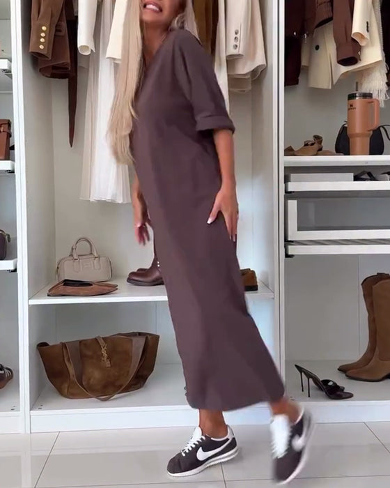 Klänning Enfärgad Rundhalsad Slits Tunika