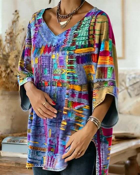 Blus Med Färgglatt Geometriskt Tryck Och Vida Ärmar