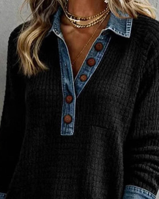 Blus Skjortkrage Denim Panel