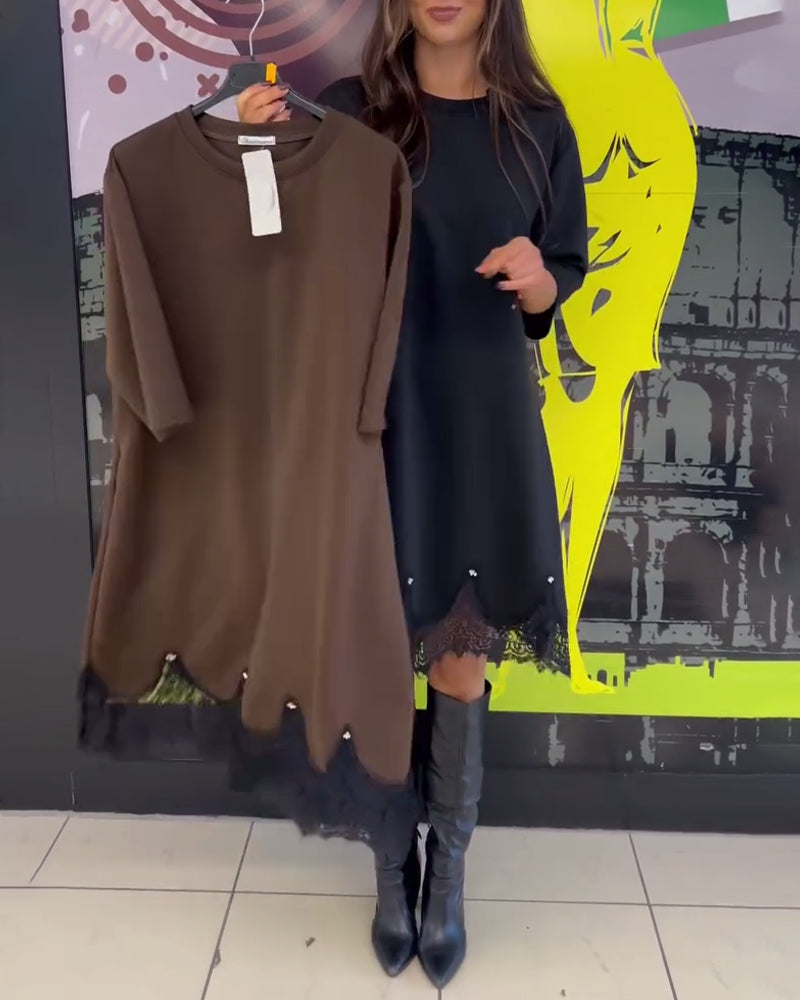 Klänning Elegant Spets Skarvad Rund Halsringning