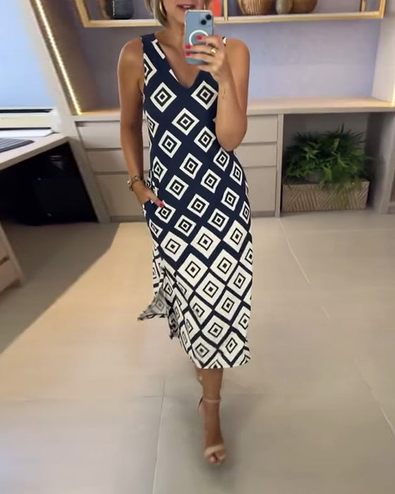 Klänning V-Ringning Diamantmönster Ärmös