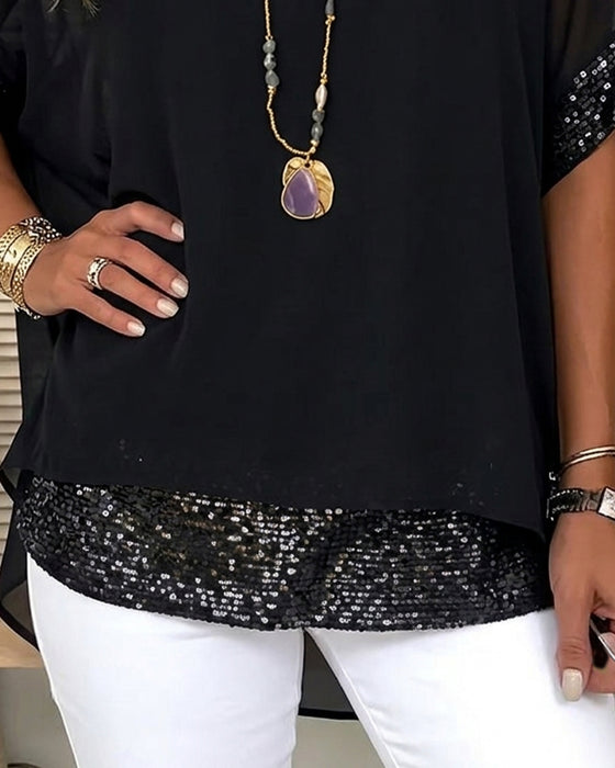 Blus Paljett Patchwork Sheer Lös