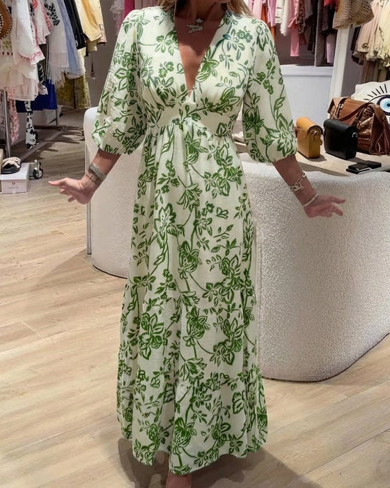 Klänning Djup V-Hals Elegant Blommig Lång