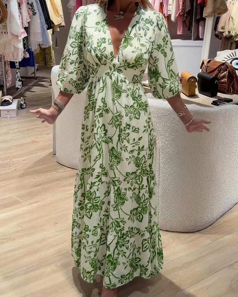 Klänning Djup V-Hals Elegant Blommig Lång
