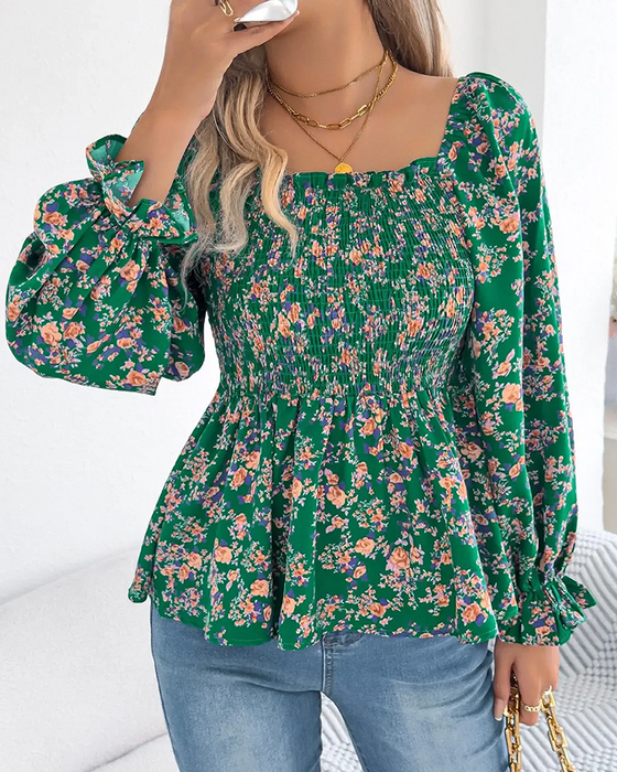 Blus Fyrkantig Hals Rynkad Blommig Ruffle