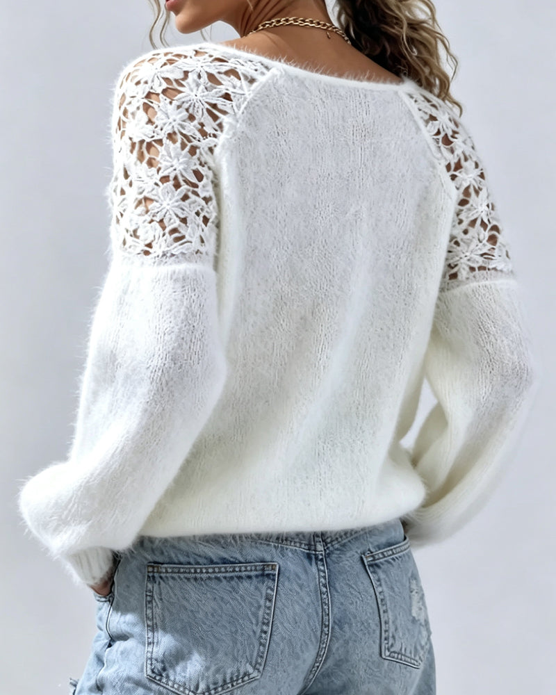 Pullover Med Urklipp Spetsdetalj Och Patchwork