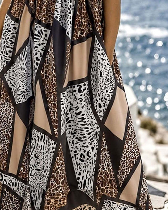 Klänning Geometrisk Patchwork Leopard Full Kjol Maxi