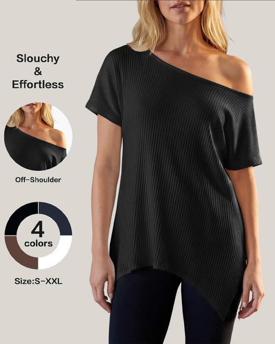 T-Shirt Oregelbunden Off-Shoulder Kort Ärm Ribbad
