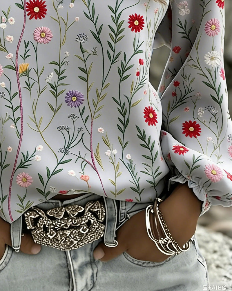 Blus Blommigt Tryck Bubbla Ärm V-Hals