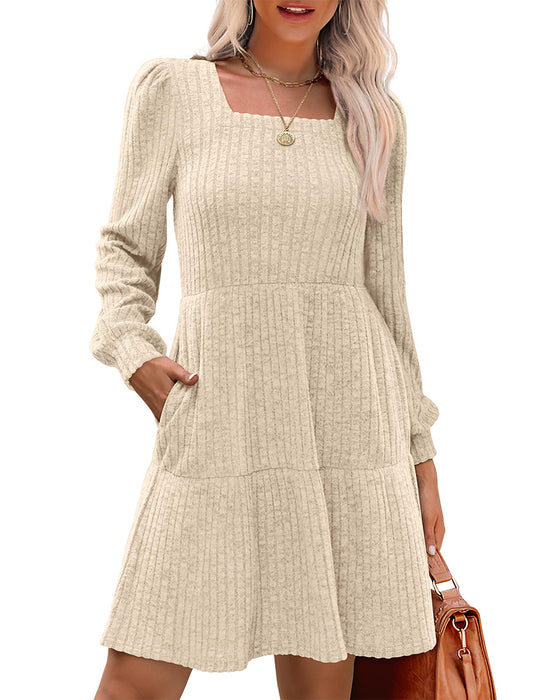 🍂2025 Höstens Nya Stil⏰ Damklänning med Fyrkantig Hals, Lyktärm och Ribbad Struktur