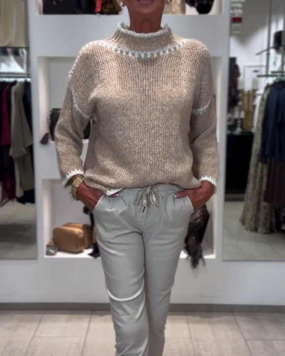 Mångsidig Pullover Med Hög Hals Och Kontrastfärger