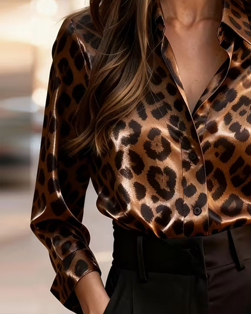 Blus Krage Leopard Tryck Långärmad Drapad