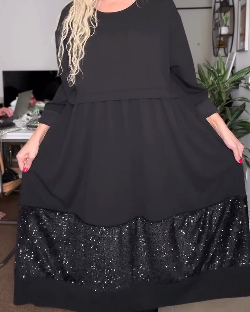 Klänning Rund Halsringning Paillett Lappverk Lössittande