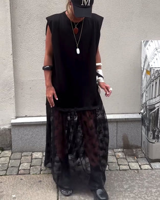 Ärmlös Mesh Patchwork Klänning