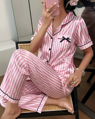 Pyjamasset Randig Skjortkrage Rosett