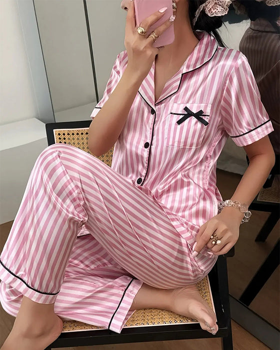 Pyjamasset Randig Skjortkrage Rosett