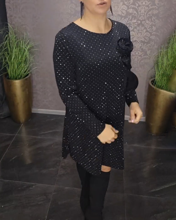 Runda halsringad diamant långärmad elegant klänning