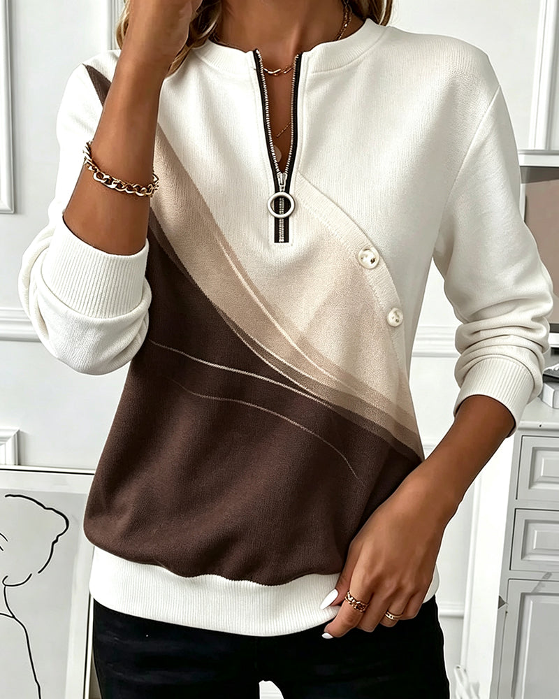 Sweatshirt Färgblock Twill Knapp Halv-Dragkedja