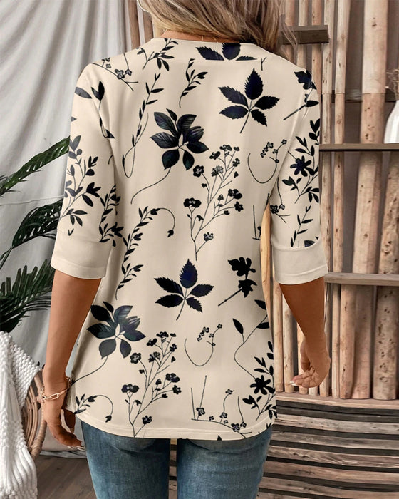 Elegant Falsk Två-del T-shirt med Blommermönster