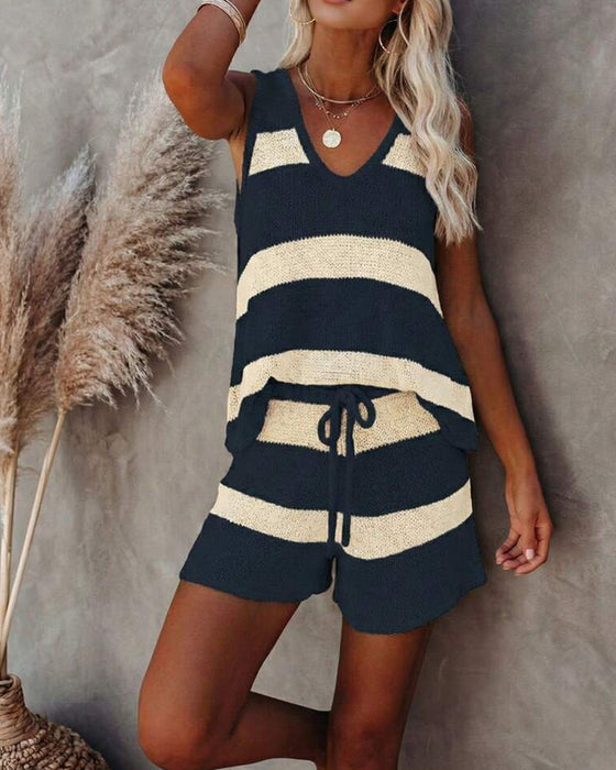Set Utan Ärm V-Hals Randiga Shorts