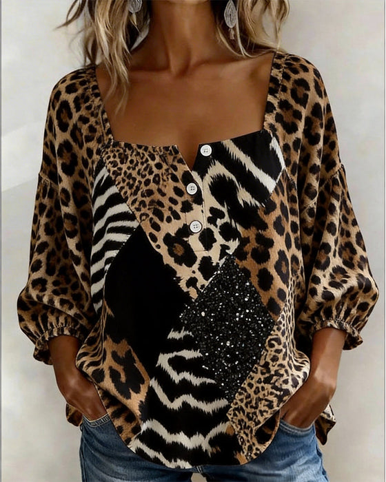Blus Fyrkantig Hals Leopardtryck Lapptäcke Paljett