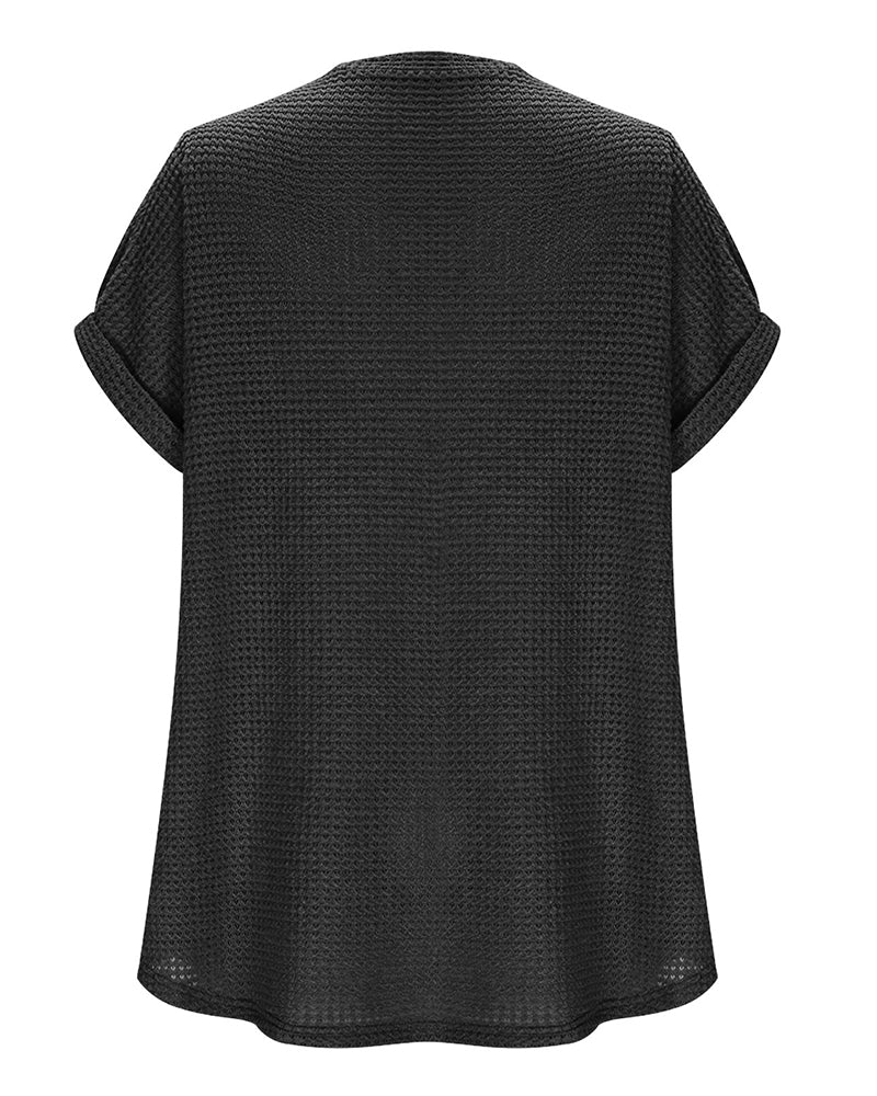 T-Shirt Dam Våffelstickad V-ringning Casual Sommar