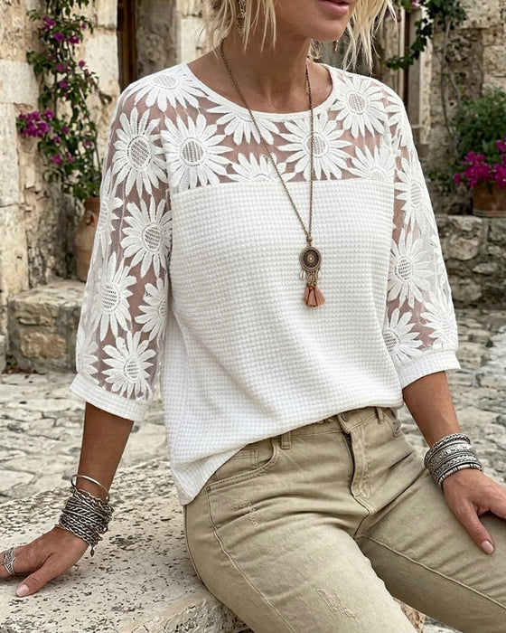 T-Shirt Runda Halsen Spets Vaffel Patchwork