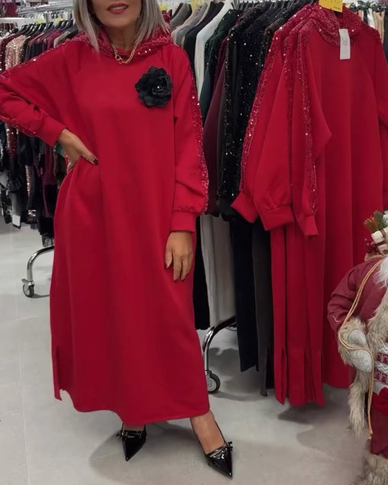 Klänning Med Huva Glitter Broderi Lång