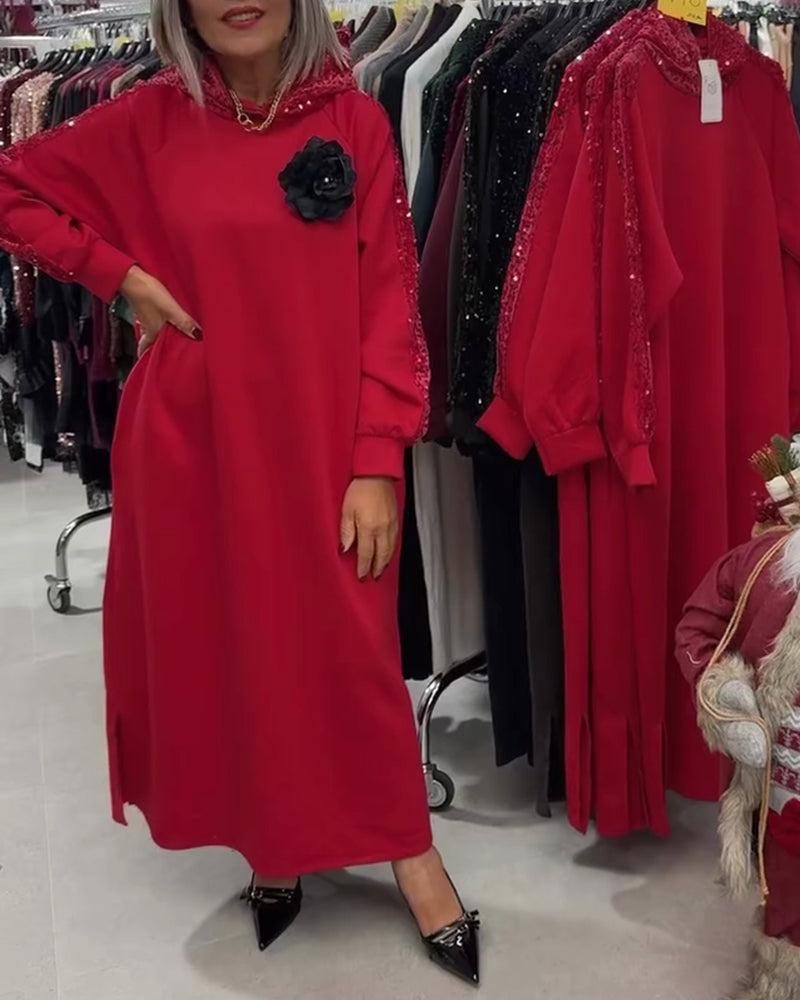 Klänning Med Huva Glitter Broderi Lång