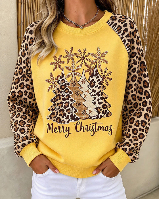 Sweatshirt Rund Hals Leopardmönster Julträd Färgblock