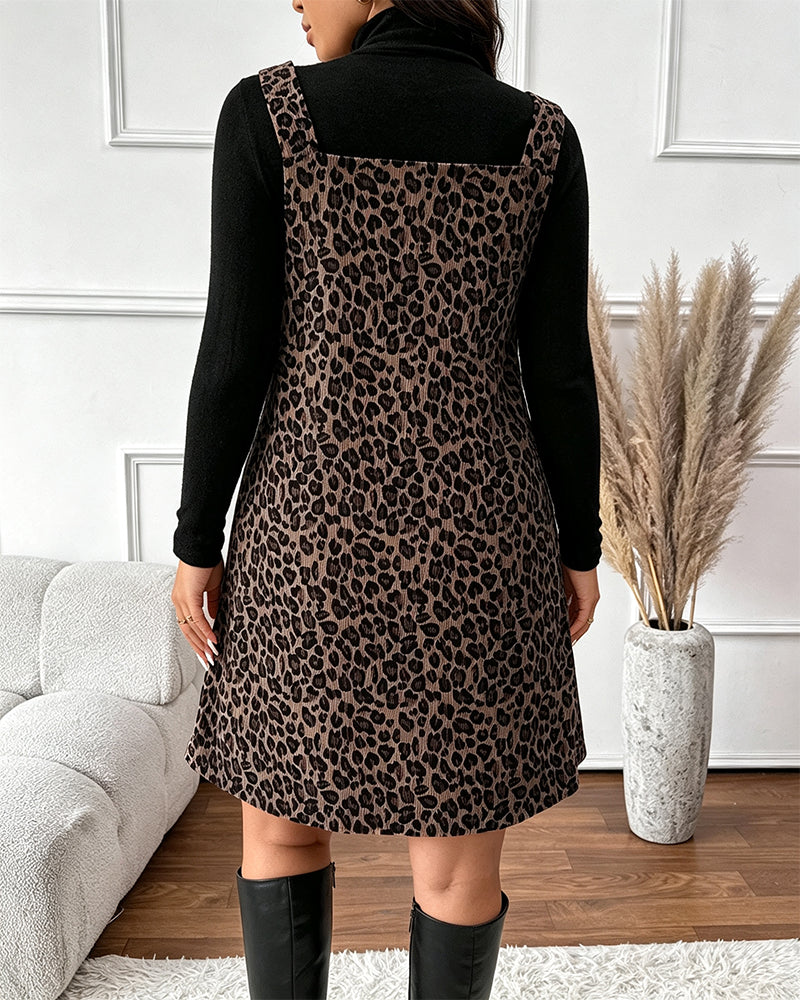 Set Turtleneck Slim Fit Leopardmönstrad Hängselkjol