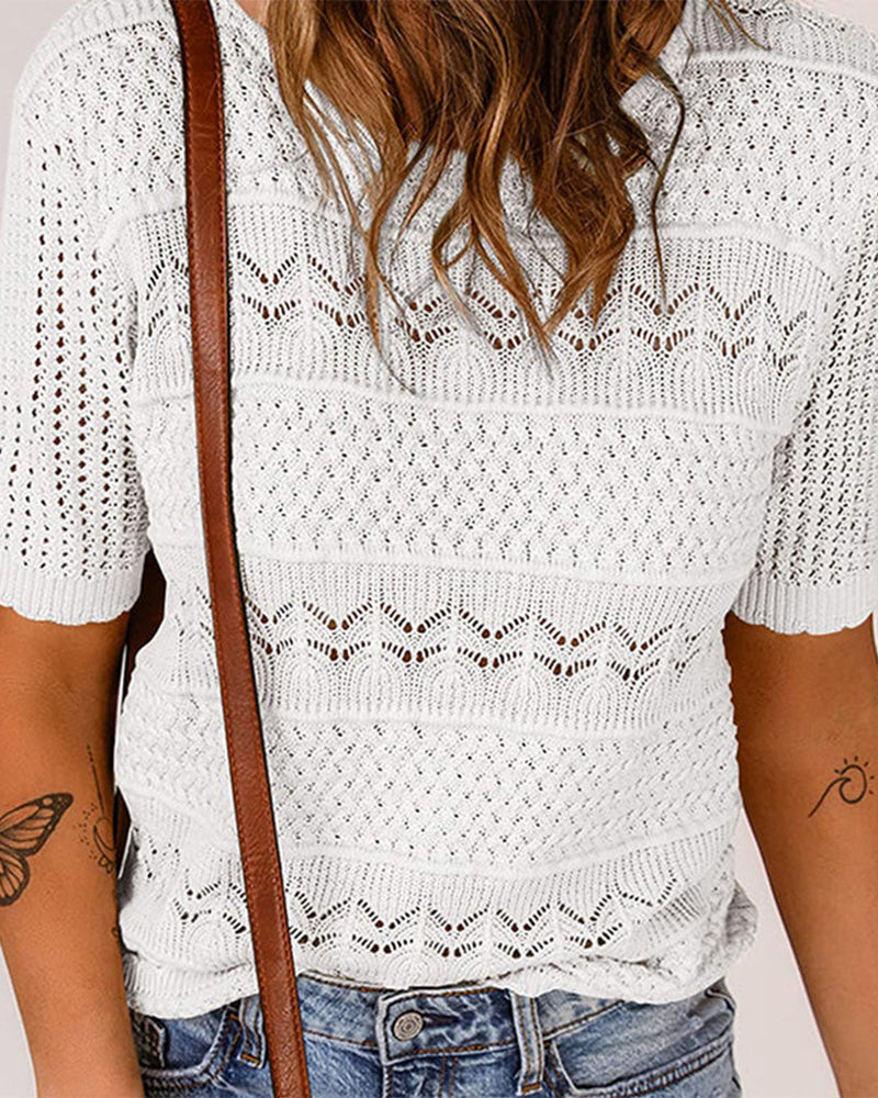Kortärmad Virkad Tröja Med Rund Hals Och Hålstickning För Dam