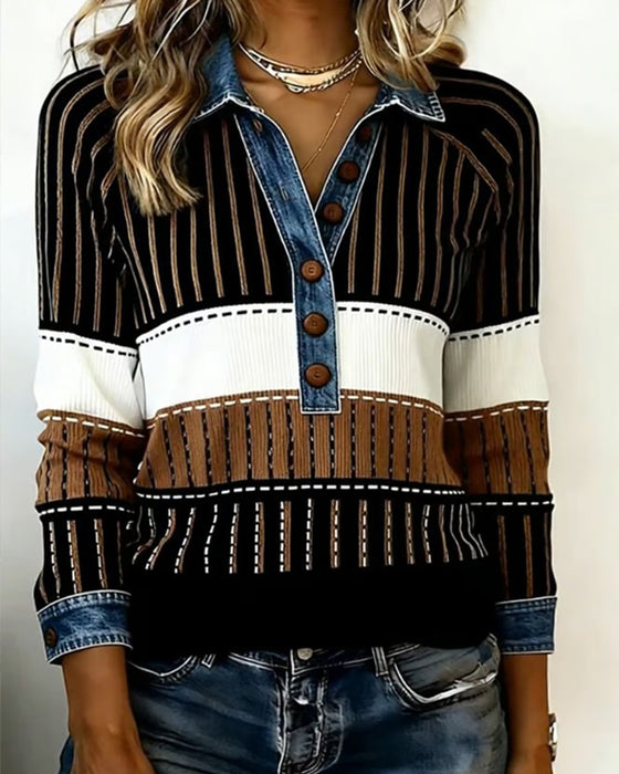 En Mångsidig Färgblockad Sweatshirt Med Knappkrage